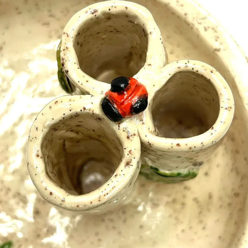 Handmade Ikebana Speckled Glaze Pottery Vase Lady Bugs Leaves Unsigned‎